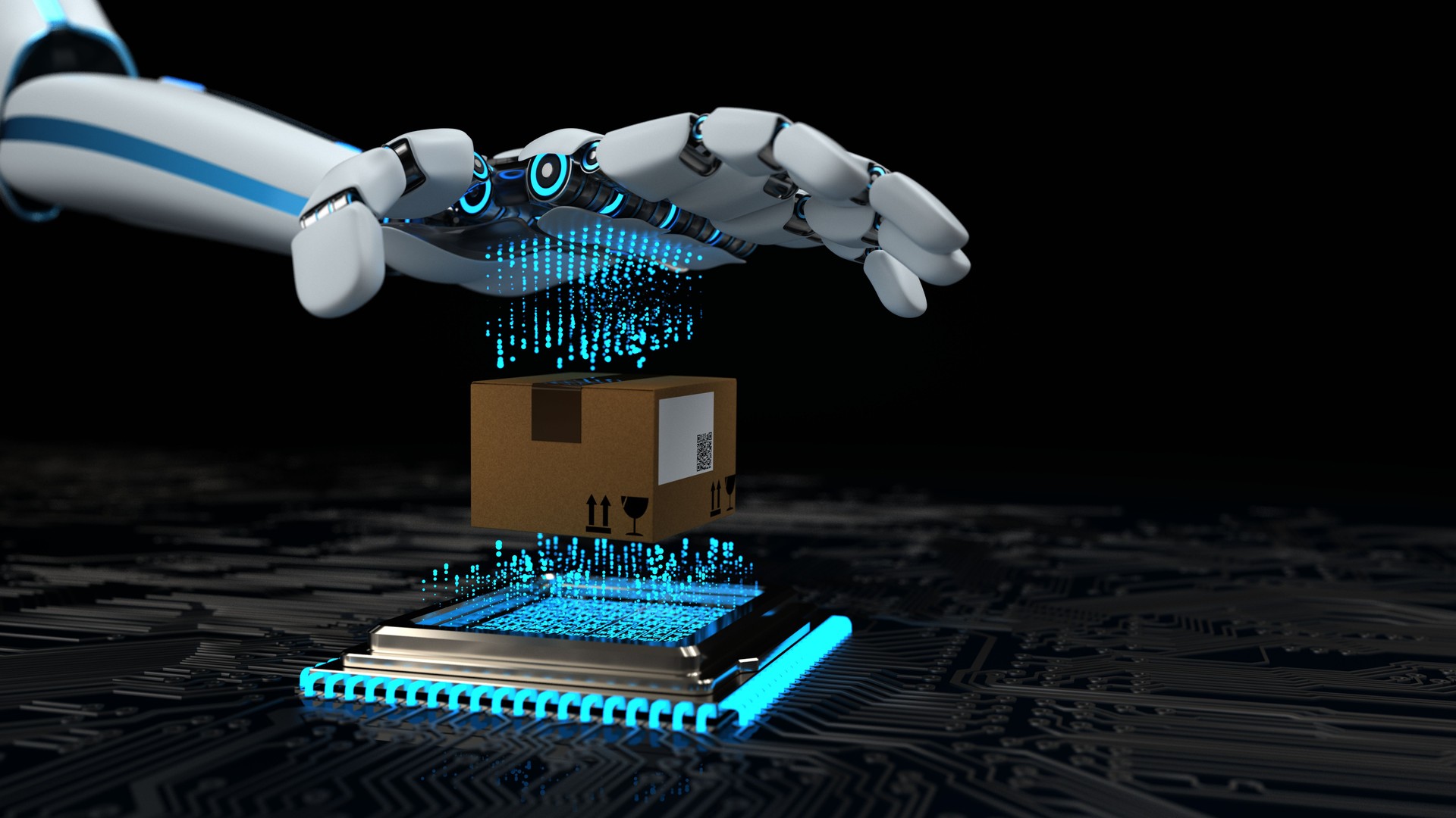 Humanoid robot scans and controls the delivery. 3d illustration.